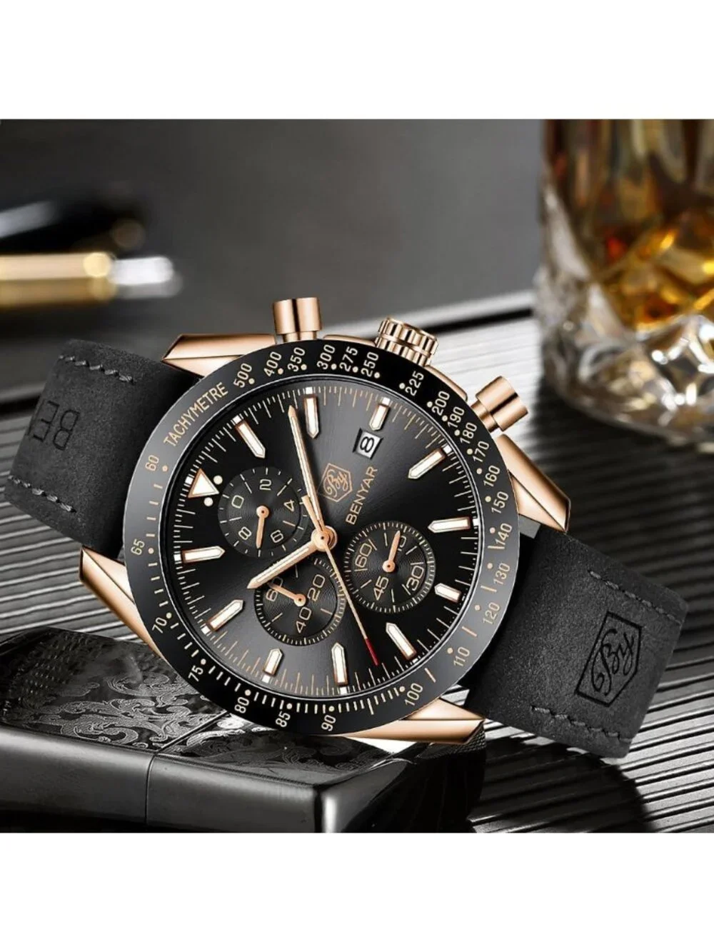 Mens Gold Black Analog Silicone Strap Chronograph Luminous Designer Casual Watch